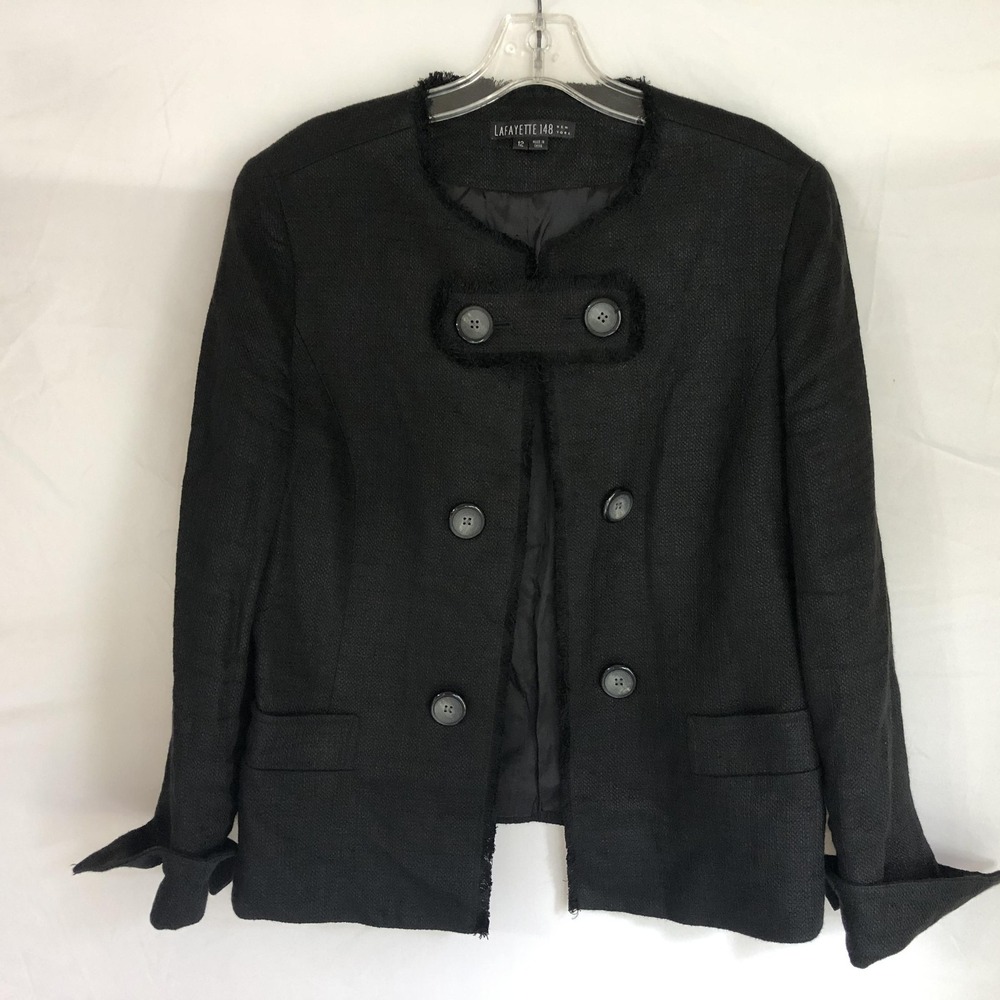 Lafayette 148 New York Blazer Womens 12 Black Linen Fringe Trim Jacket Tailored